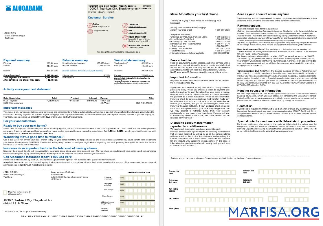 Blank Uzbekistani Aloqabank mortgage statement in Word and PDF formats, 2 pages template